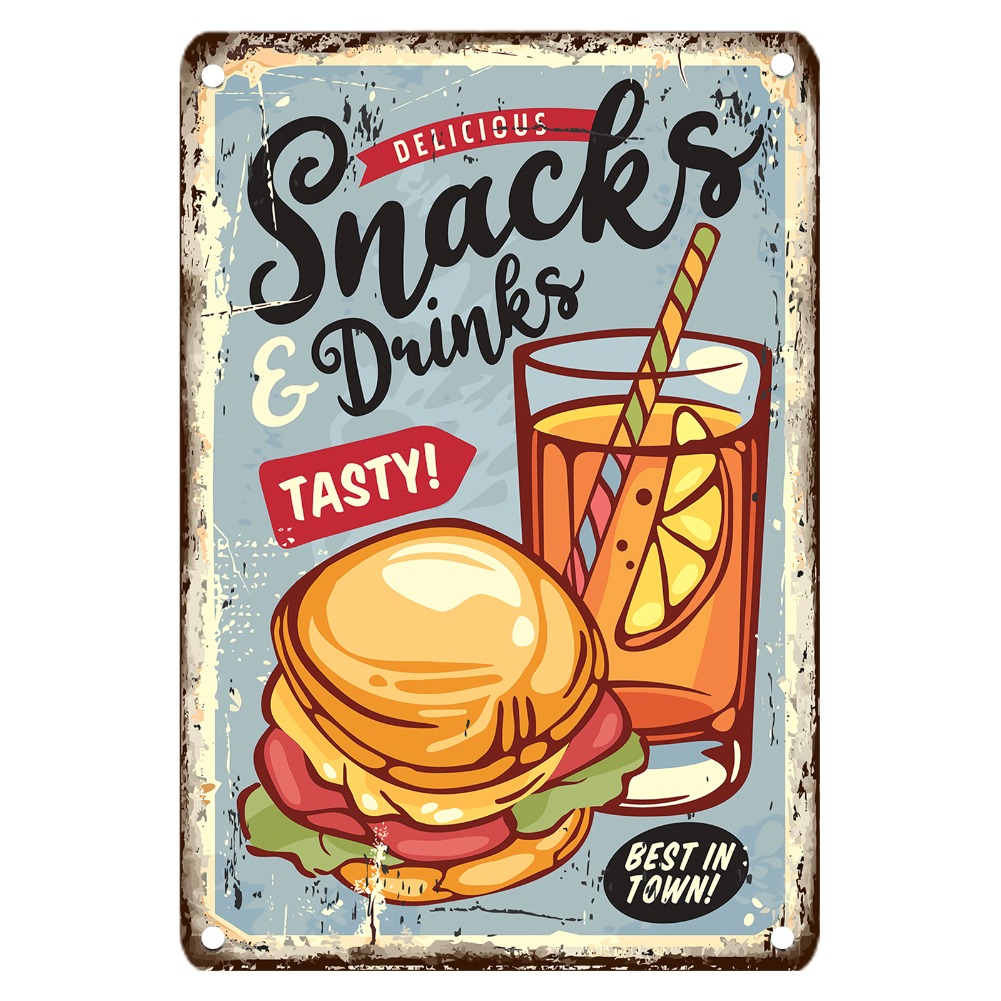 Food Snacks Drinks - لافتة معدنية عتيقة للطعام، ديكور حائط